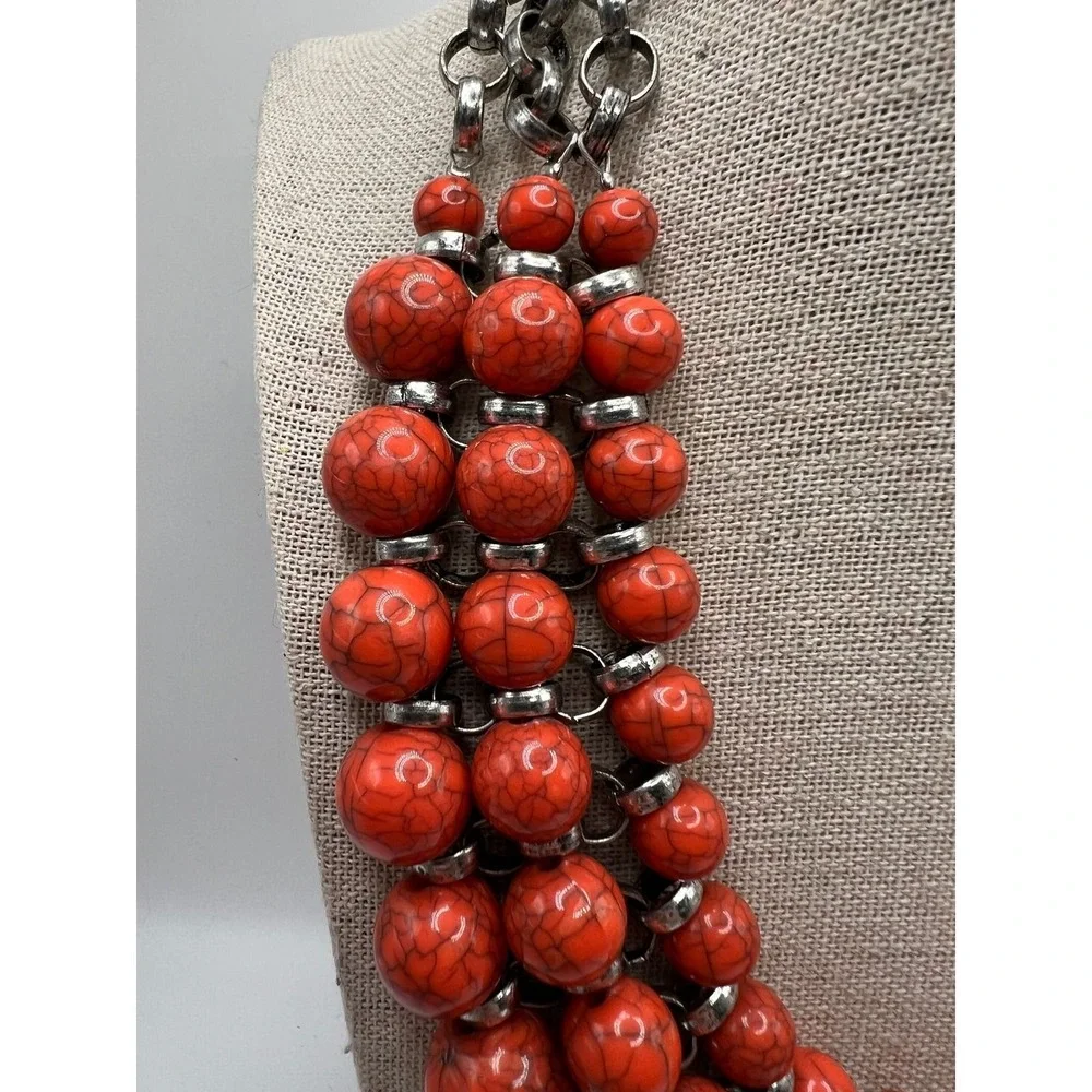Orange Faux Stone Bib Necklace Statement Collar Boho Maximalist Acrylic Silver